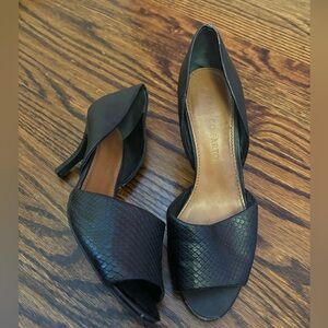 Franco Sarto Black Open Toe Heel, Front Strap with Snake Print the rest leather